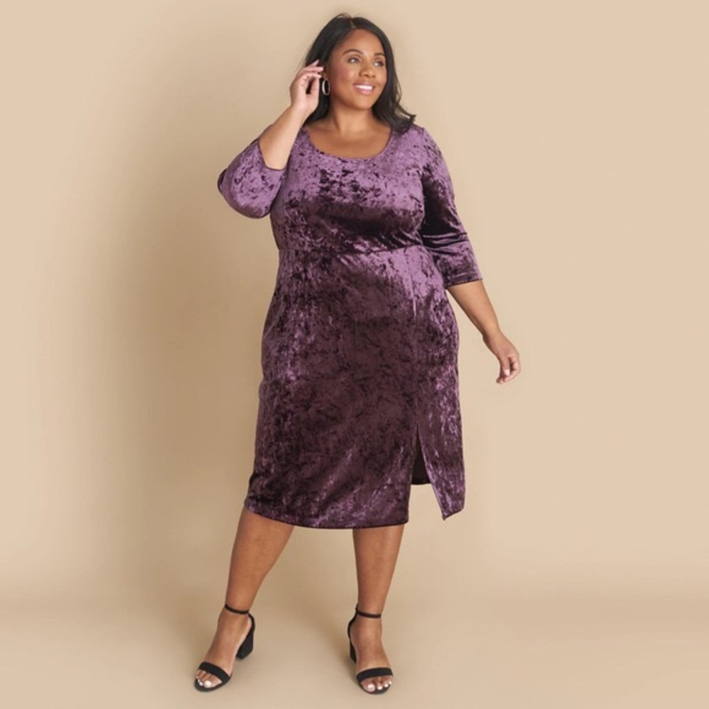 CONNECTED APPAREL Purple Velvet Elegant Cocktail Plus Size Dress